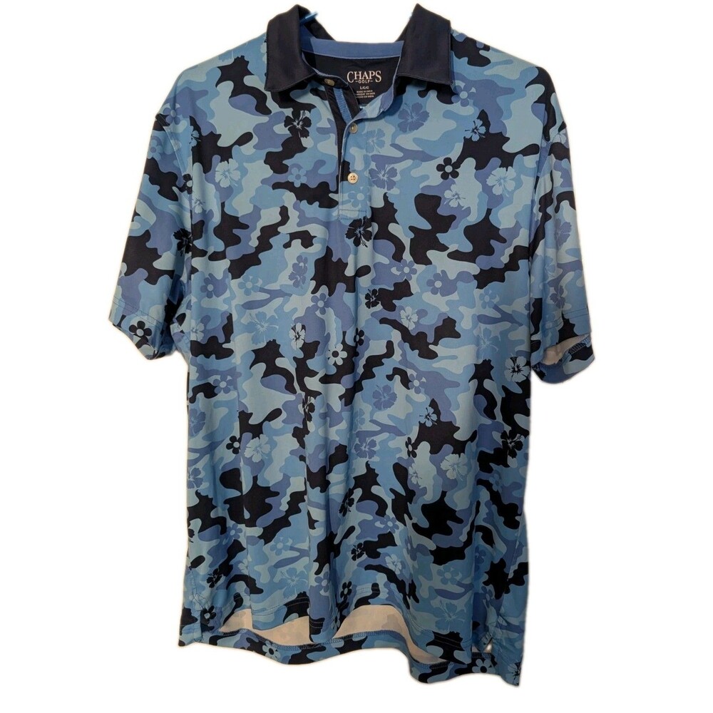 Chaps Golf Mens Large Blue Camo Floral Polo Shirt Hawaiian Performance Golf